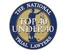 Blue and gold logo of "The National Trial Lawyers" with text "Top 40 Under 40" in the center, featuring a silhouette of Lady Justice.