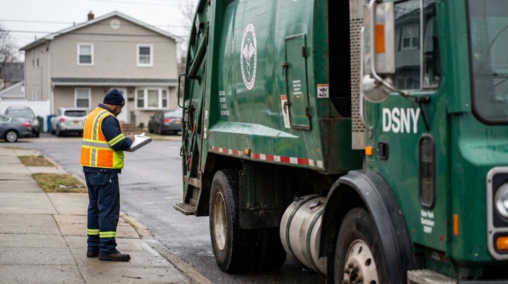 DSNY sanitation worker in safety vest writing on clipboard beside garbage truck