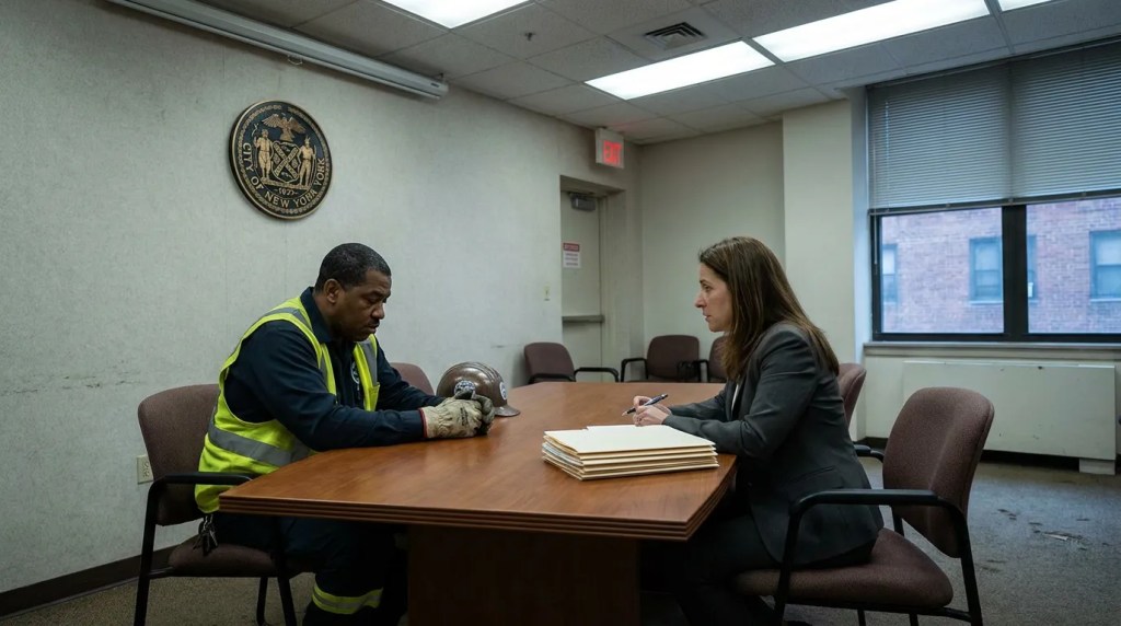 construction worker meeting with attorney beneath City of New York seal holding case files