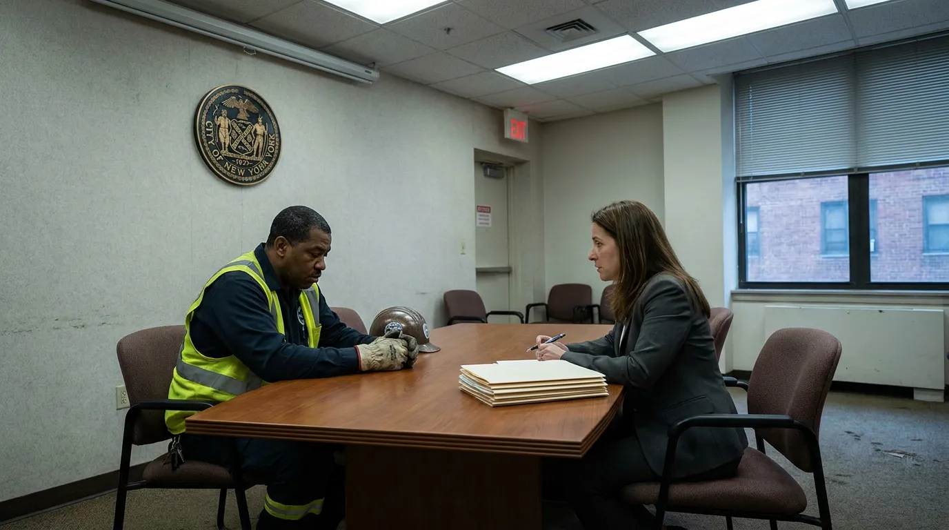 construction worker meeting with attorney beneath City of New York seal holding case files