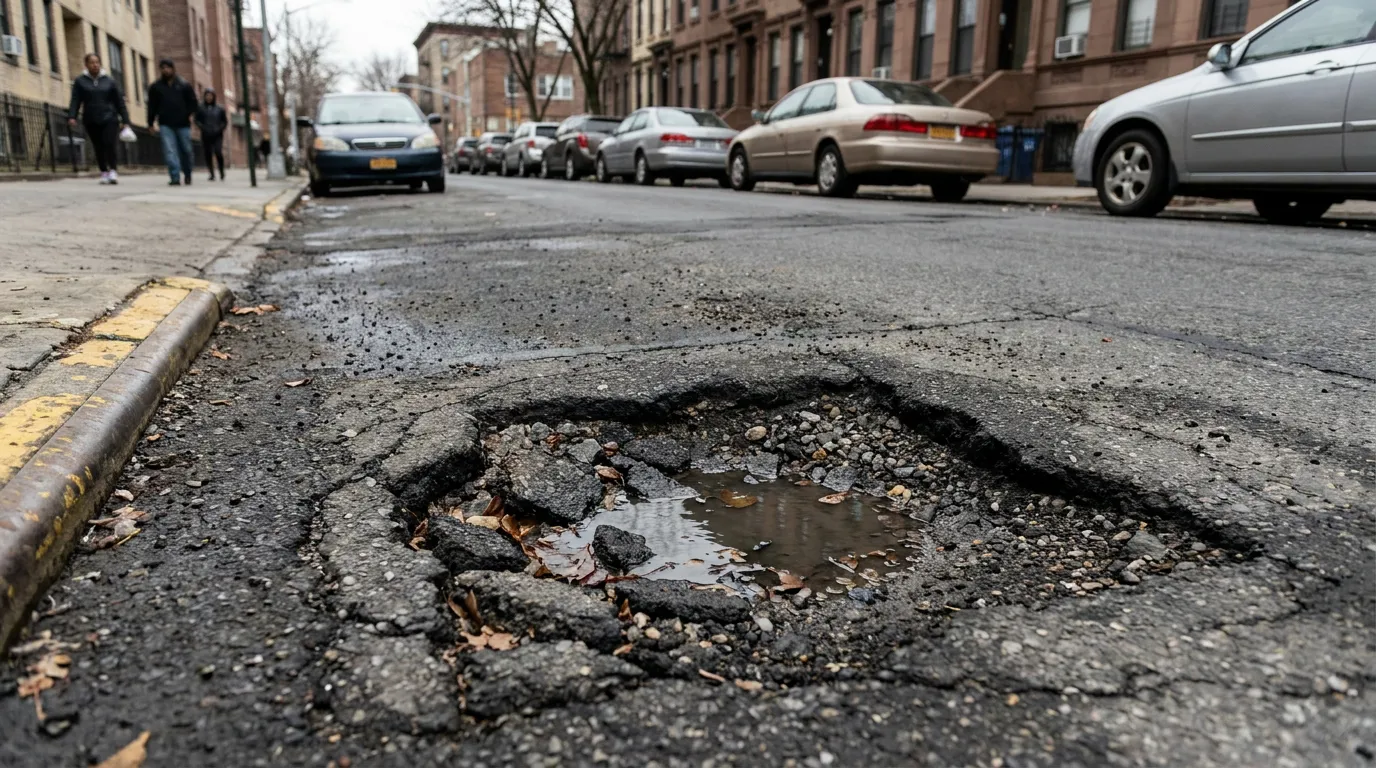 large water-filled pothole with cracked asphalt on urban city street