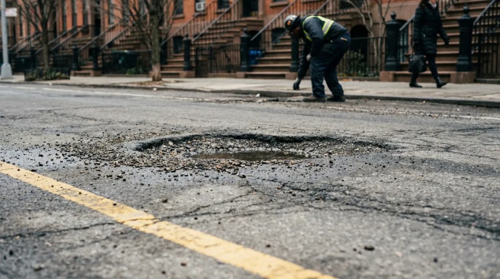 large pothole on city street with worker inspecting road damage nearby