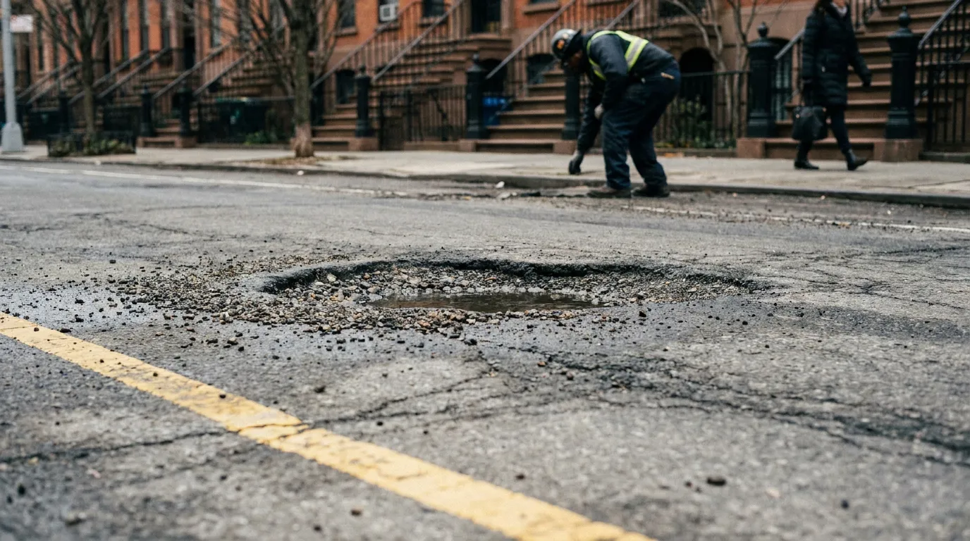 large pothole on city street with worker inspecting road damage nearby