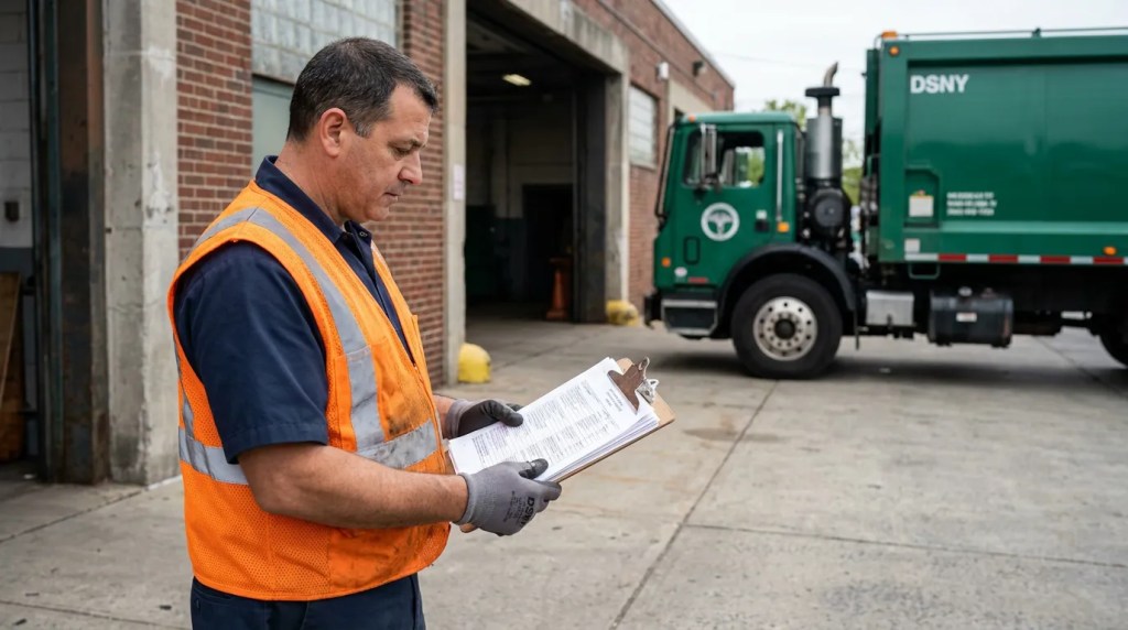 DSNY worker in safety vest reviewing clipboard documents outside municipal garage