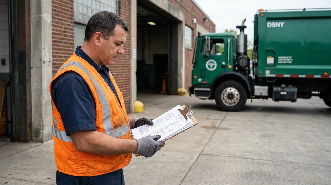 DSNY worker in safety vest reviewing clipboard documents outside municipal garage