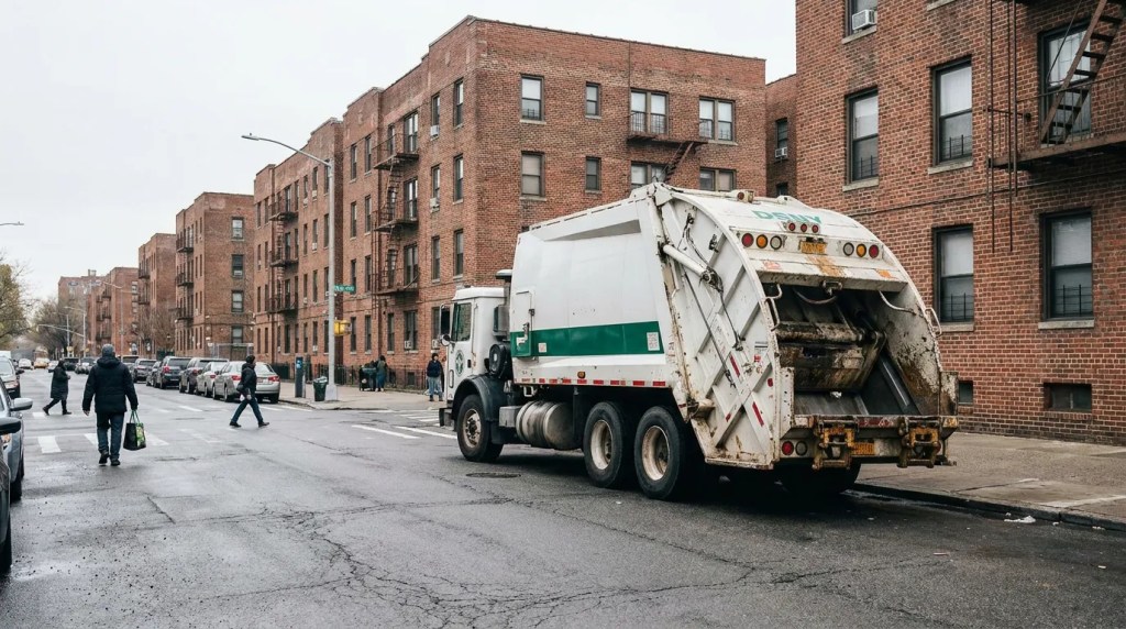 DSNY garbage truck operating on urban residential street with pedestrians nearby