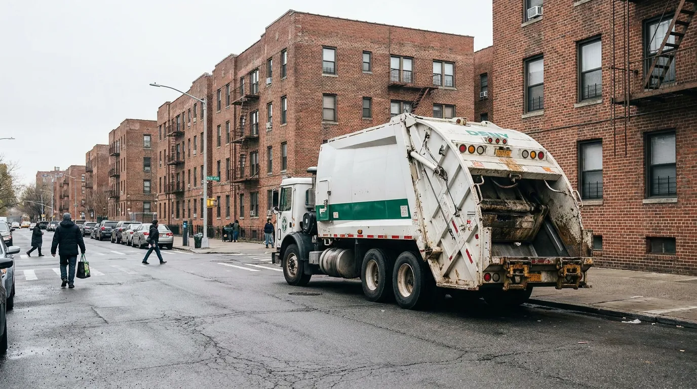DSNY garbage truck operating on urban residential street with pedestrians nearby