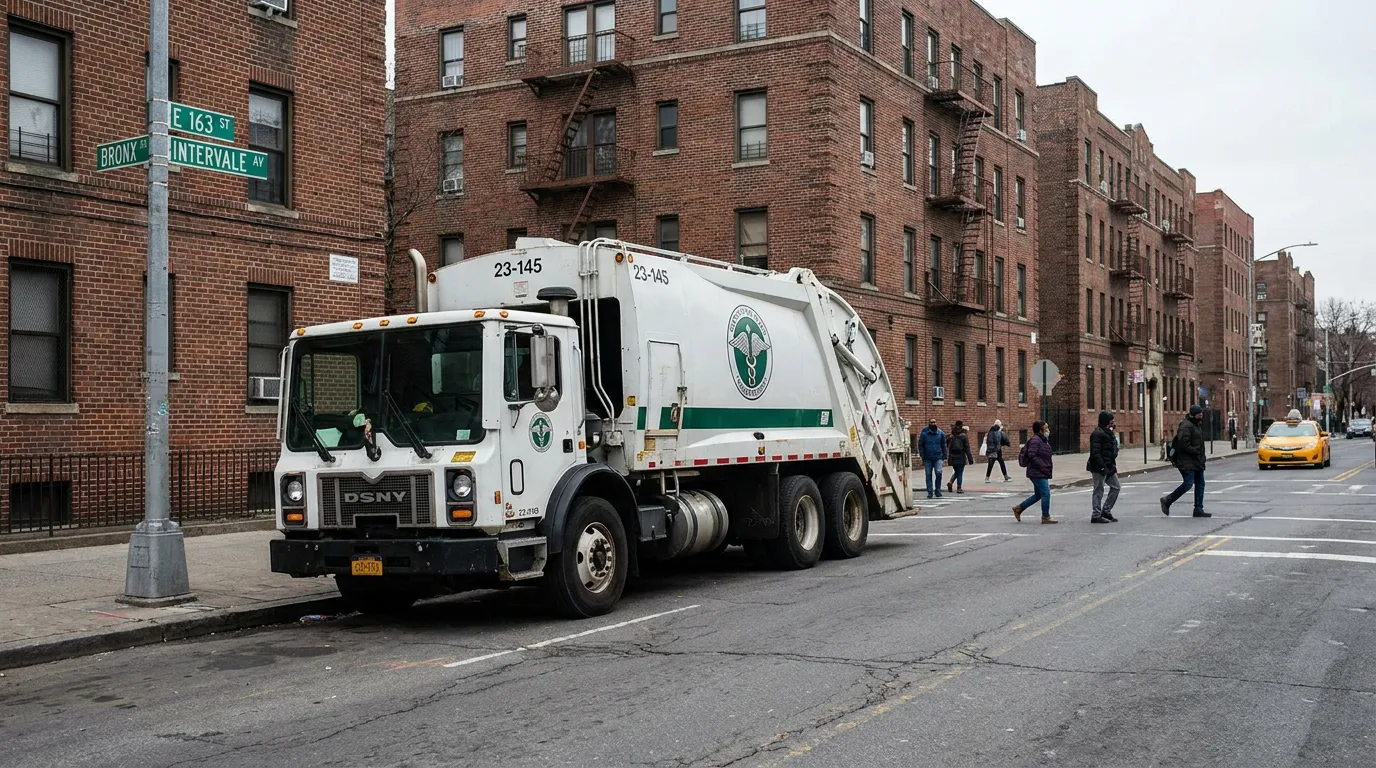 DSNY garbage truck at Bronx E 163rd Street and Intervale Avenue intersection