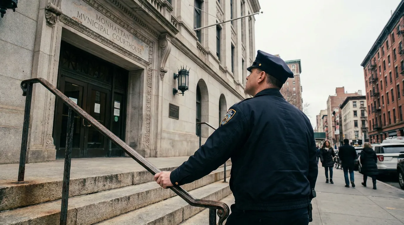 uniformed police officer ascending steps outside Manhattan Municipal Courthouse entrance