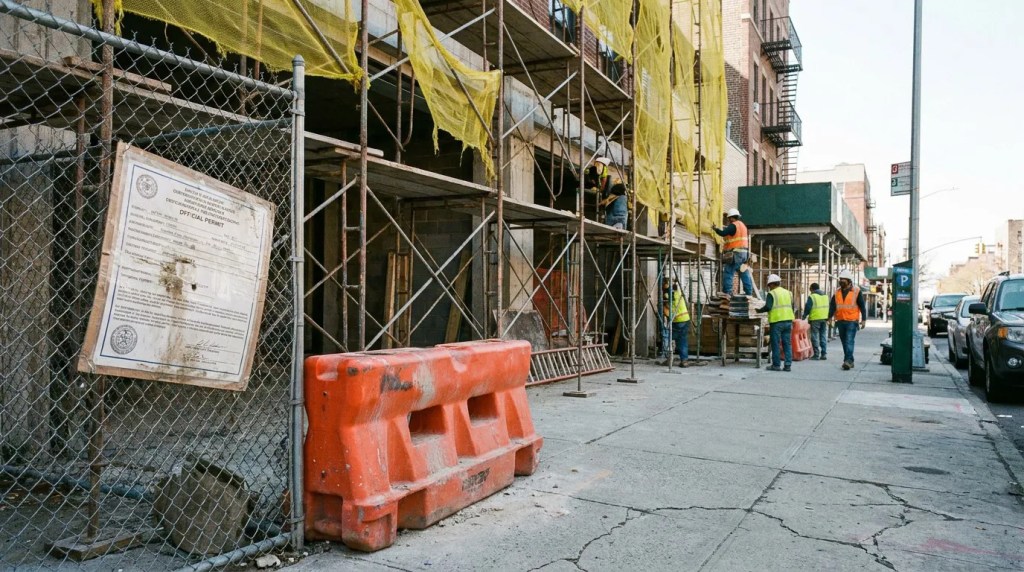 construction workers on scaffolding beside official permit posted on chain-link fence