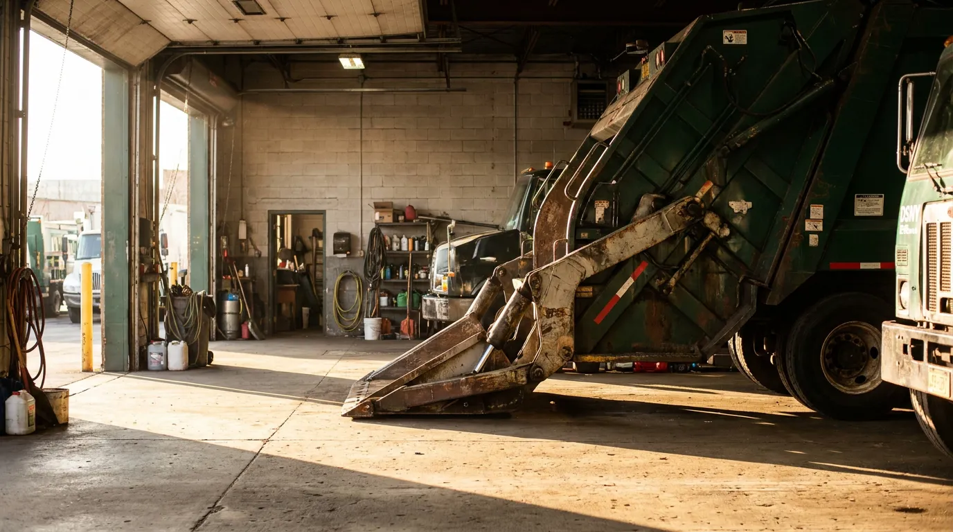 DSNY garbage truck with rear loader mechanism parked inside municipal maintenance garage