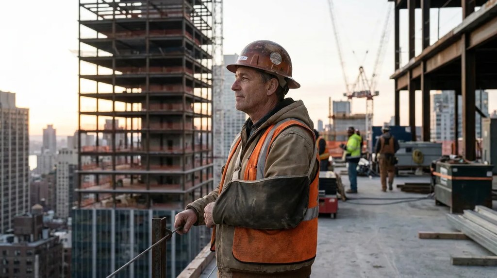 construction worker in hard hat and safety vest standing on high-rise jobsite