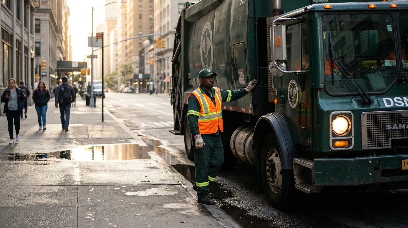 sanitation worker in reflective vest standing beside large municipal garbage truck on city street