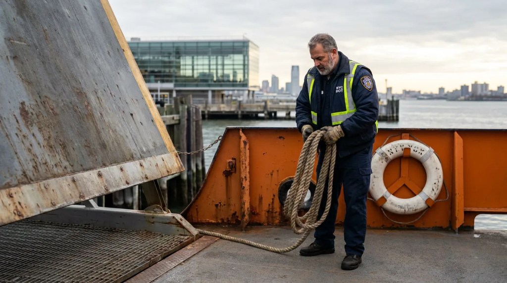 NYC DOT worker handling mooring rope on ferry deck near waterfront pier