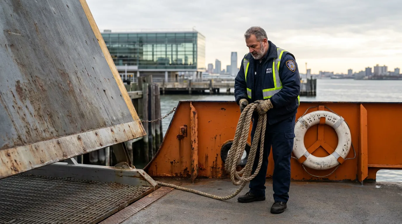 NYC DOT worker handling mooring rope on ferry deck near waterfront pier